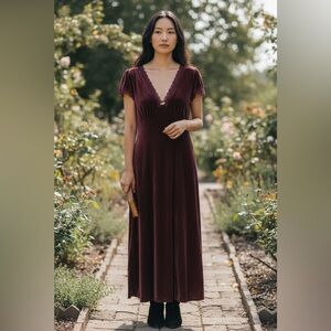 RIXO Velvet Maxi Dress in Burgundy with Lace Trim